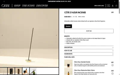 Oribe product page on desktop, Shopify luxury beauty storefront captured at 1440 x 900
