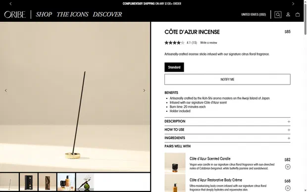 Oribe product page on desktop, Shopify luxury beauty storefront captured at 1440 x 900