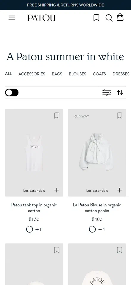 Patou collection: a patou summer in white on mobile, Shopify luxury fashion storefront captured at 390 x 844