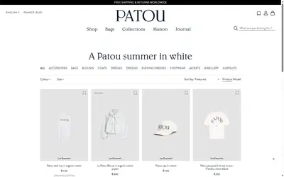Patou collection: a patou summer in white on desktop, Shopify luxury fashion storefront captured at 1440 x 900