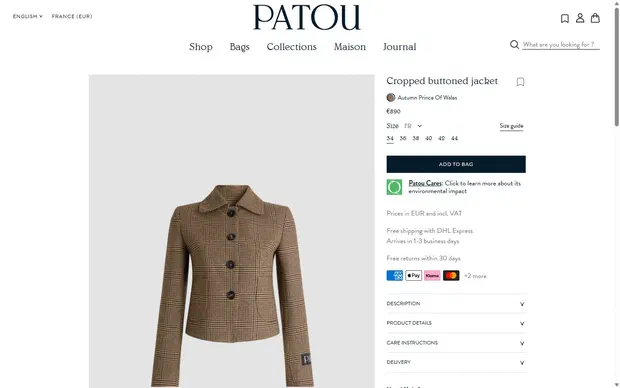 Patou product page on desktop, Shopify luxury fashion storefront captured at 1440 x 900
