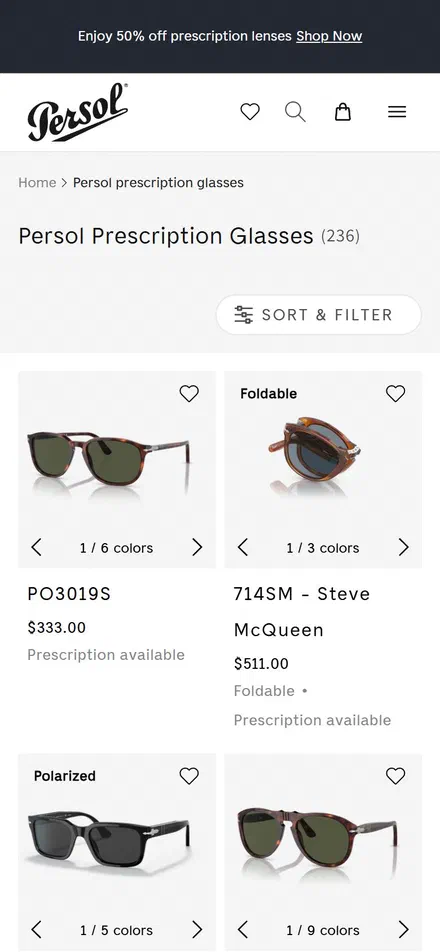 Persol collection: persol prescription glasses on mobile, not disclosed luxury eyewear storefront captured at 390 x 844