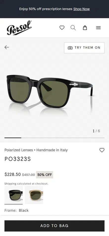 Persol product page on mobile, not disclosed luxury eyewear storefront captured at 390 x 844