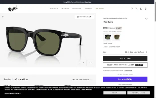 Persol product page on desktop, not disclosed luxury eyewear storefront captured at 1440 x 900