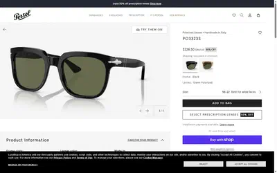 Persol product page on desktop, not disclosed luxury eyewear storefront captured at 1440 x 900