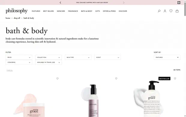 Philosophy collection: bath & body on desktop, Shopify luxury beauty storefront captured at 1440 x 900