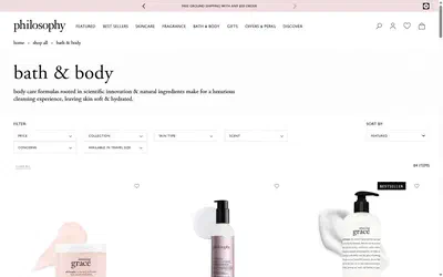 Philosophy collection: bath & body on desktop, Shopify luxury beauty storefront captured at 1440 x 900