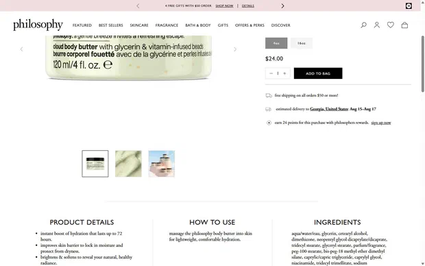 Philosophy product page on desktop, Shopify luxury beauty storefront captured at 1440 x 900