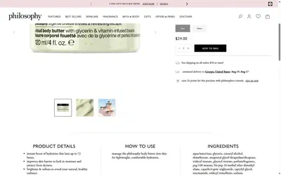 Philosophy product page on desktop, Shopify luxury beauty storefront captured at 1440 x 900