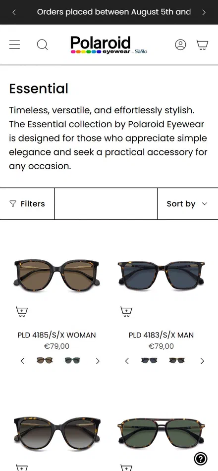 Polaroid Eyewear collection: essential on mobile, Shopify luxury eyewear storefront captured at 390 x 844