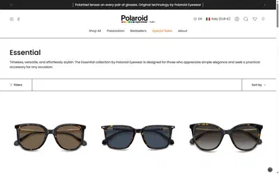 Polaroid Eyewear collection: essential on desktop, Shopify luxury eyewear storefront captured at 1440 x 900