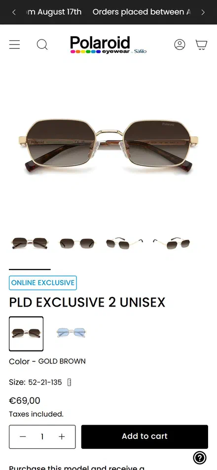 Polaroid Eyewear product page on mobile, Shopify luxury eyewear storefront captured at 390 x 844