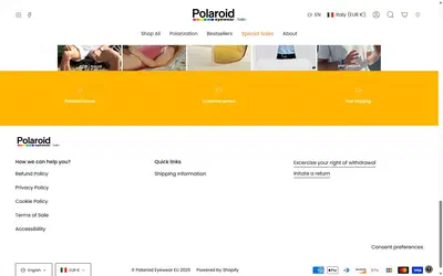 Polaroid Eyewear product page on desktop, Shopify luxury eyewear storefront captured at 1440 x 900