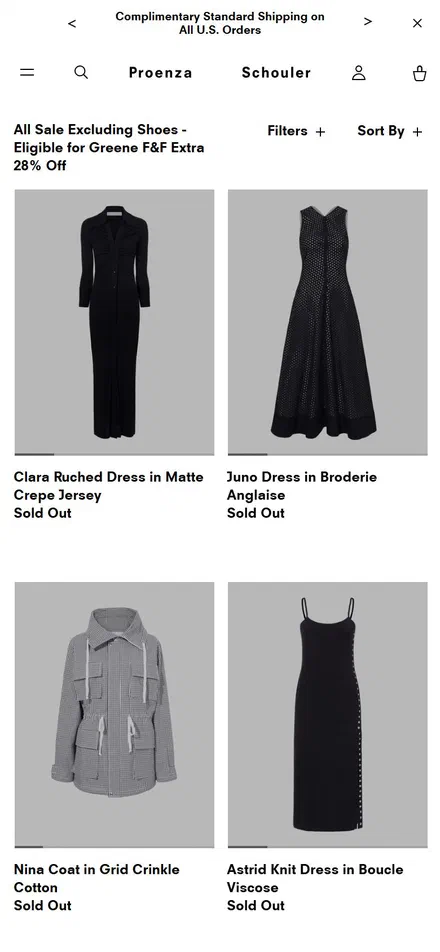 Proenza Schouler collection: all sale excluding shoes - eligible for greene f&f extra 28% off on mobile, not disclosed luxury fashion storefront captured at 390 x 844