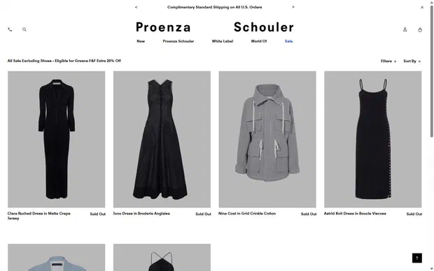 Proenza Schouler collection: all sale excluding shoes - eligible for greene f&f extra 28% off on desktop, not disclosed luxury fashion storefront captured at 1440 x 900