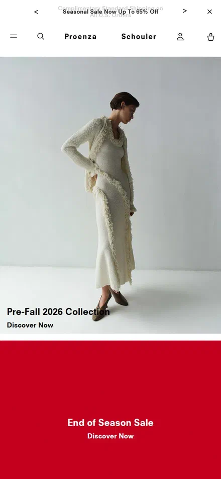 Proenza Schouler homepage on mobile, not disclosed luxury fashion storefront captured at 390 x 844