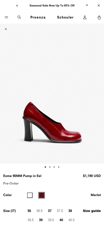 Proenza Schouler product page on mobile, not disclosed luxury fashion storefront captured at 390 x 844