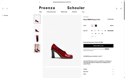 Proenza Schouler product page on desktop, not disclosed luxury fashion storefront captured at 1440 x 900