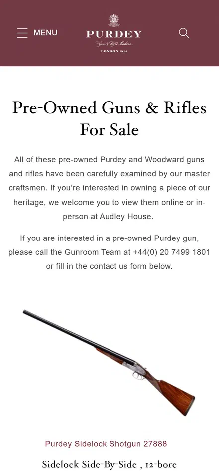 Purdey collection: pre-owned guns & rifles for sale on mobile, not disclosed luxury lifestyle storefront captured at 390 x 844
