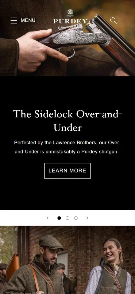 Purdey homepage on mobile, not disclosed luxury lifestyle storefront captured at 390 x 844