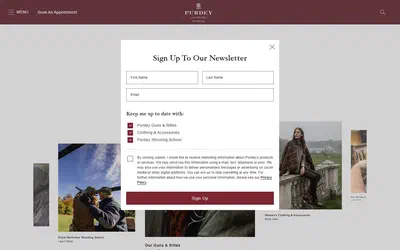 Purdey homepage on desktop, not disclosed luxury lifestyle storefront captured at 1440 x 900