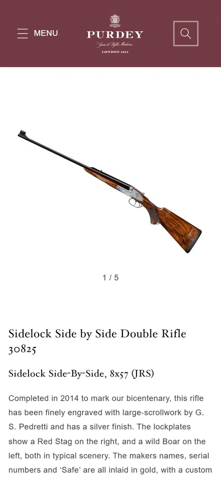 Purdey product page on mobile, not disclosed luxury lifestyle storefront captured at 390 x 844