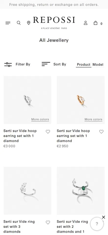 Repossi collection: all jewellery on mobile, Shopify luxury jewelry storefront captured at 390 x 844