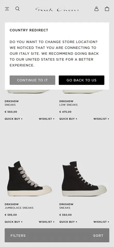 Rick Owens collection: all products on mobile, not disclosed luxury fashion storefront captured at 390 x 844