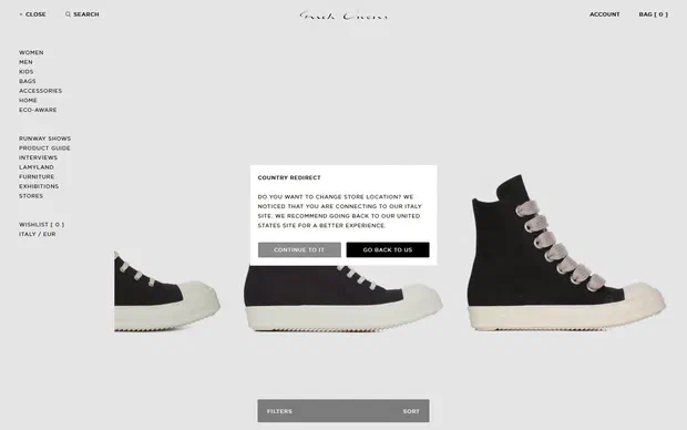 Rick Owens collection: all products on desktop, not disclosed luxury fashion storefront captured at 1440 x 900