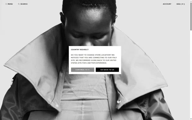 Rick Owens homepage on desktop, not disclosed luxury fashion storefront captured at 1440 x 900