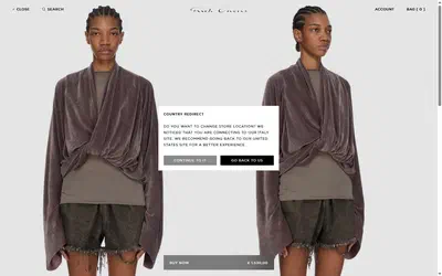 Rick Owens product page on desktop, not disclosed luxury fashion storefront captured at 1440 x 900