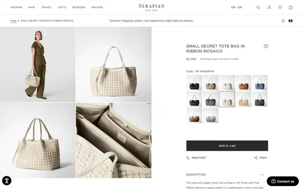 Serapian product page on desktop, not disclosed luxury leather goods storefront captured at 1440 x 900