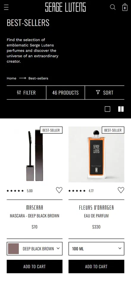 Serge Lutens collection: all best-sellers on mobile, Shopify luxury beauty storefront captured at 390 x 844