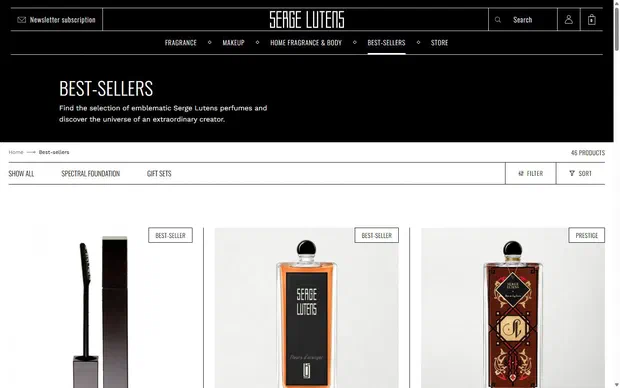Serge Lutens collection: all best-sellers on desktop, Shopify luxury beauty storefront captured at 1440 x 900