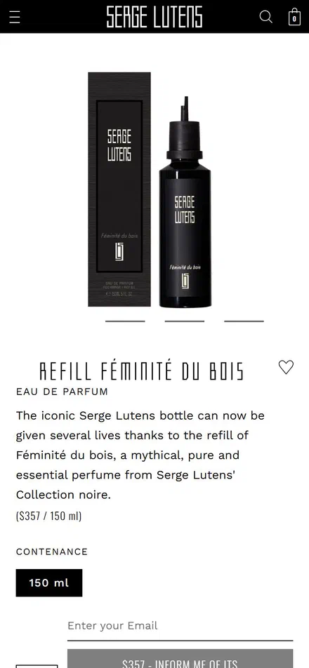 Serge Lutens product page on mobile, Shopify luxury beauty storefront captured at 390 x 844
