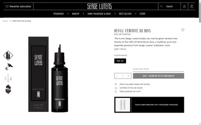 Serge Lutens product page on desktop, Shopify luxury beauty storefront captured at 1440 x 900
