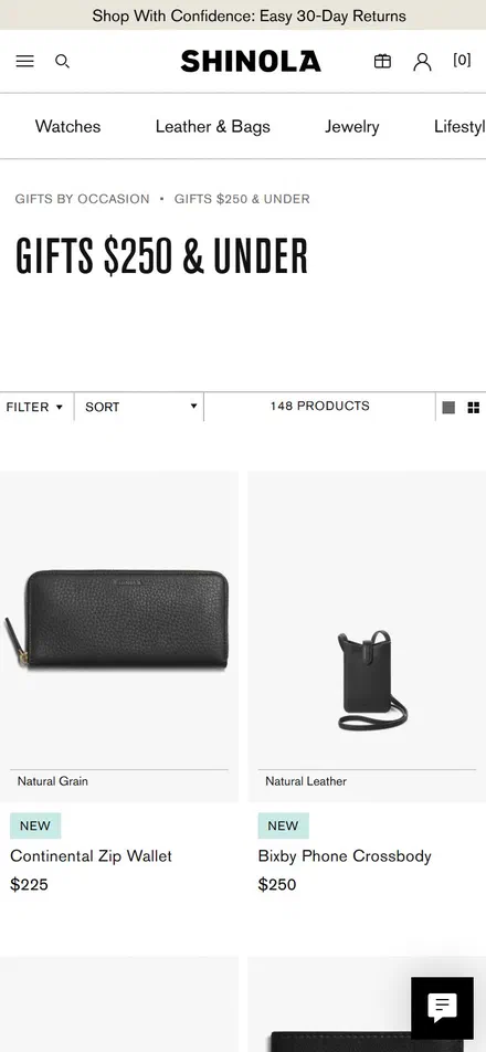 Shinola collection: $250 & under on mobile, Shopify luxury leather goods storefront captured at 390 x 844