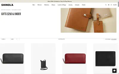 Shinola collection: $250 & under on desktop, Shopify luxury leather goods storefront captured at 1440 x 900