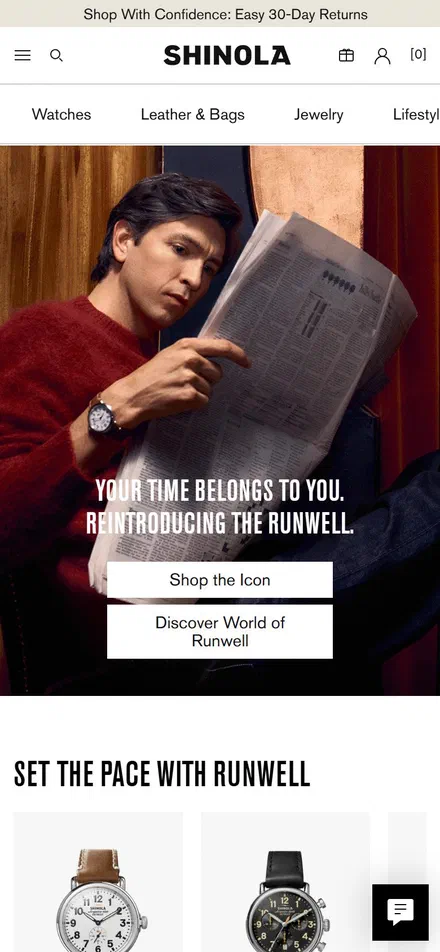 Shinola homepage on mobile, Shopify luxury leather goods storefront captured at 390 x 844