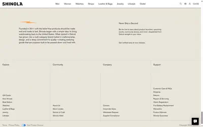 Shinola homepage on desktop, Shopify luxury leather goods storefront captured at 1440 x 900