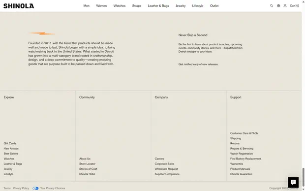 Shinola homepage on desktop, Shopify luxury leather goods storefront captured at 1440 x 900