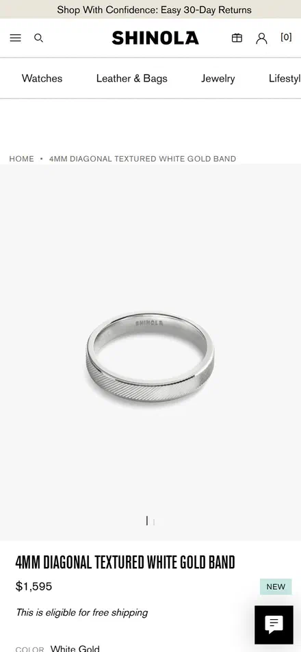 Shinola product page on mobile, Shopify luxury leather goods storefront captured at 390 x 844