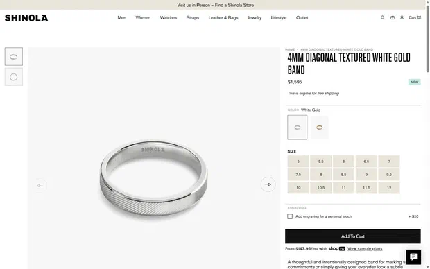 Shinola product page on desktop, Shopify luxury leather goods storefront captured at 1440 x 900