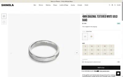 Shinola product page on desktop, Shopify luxury leather goods storefront captured at 1440 x 900