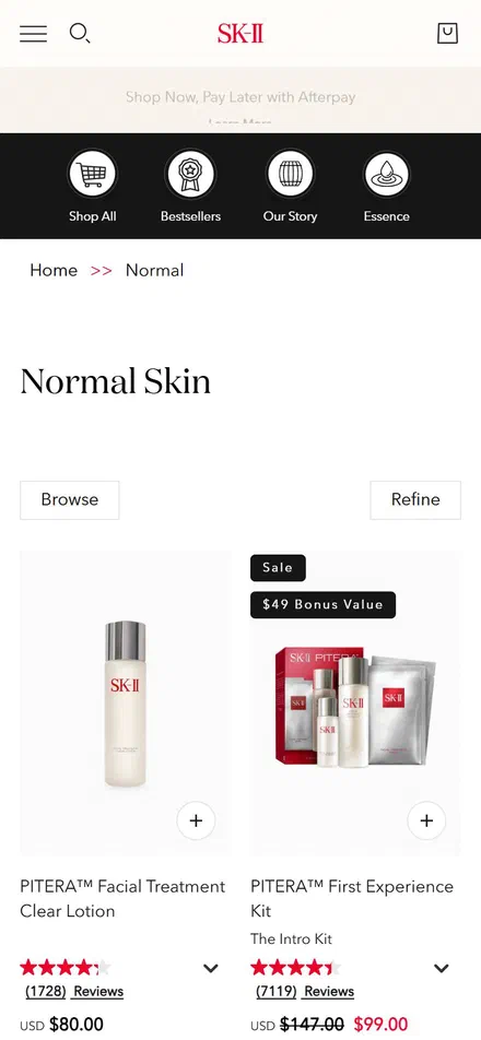SK-II collection: normal on mobile, Shopify luxury beauty storefront captured at 390 x 844