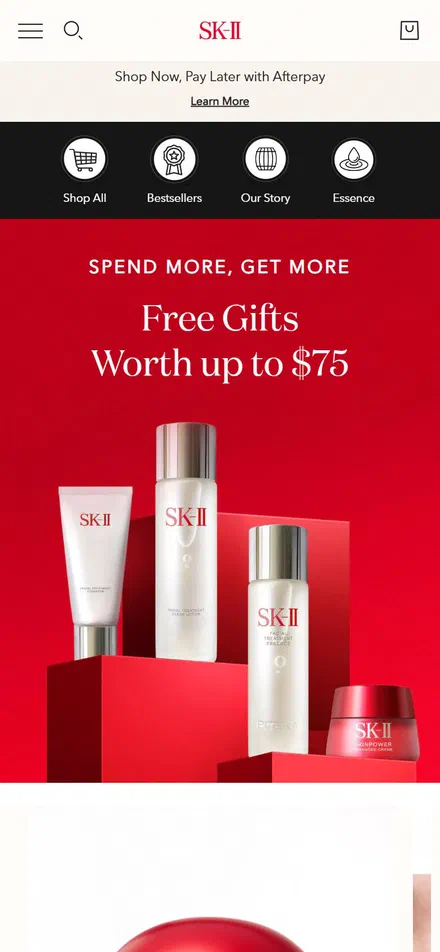 SK-II product page on mobile, Shopify luxury beauty storefront captured at 390 x 844