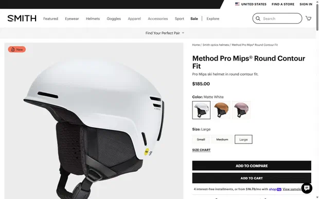Smith Optics product page on desktop, Shopify luxury eyewear storefront captured at 1440 x 900