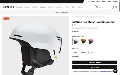 Smith Optics product page on desktop, Shopify luxury eyewear storefront captured at 1440 x 900