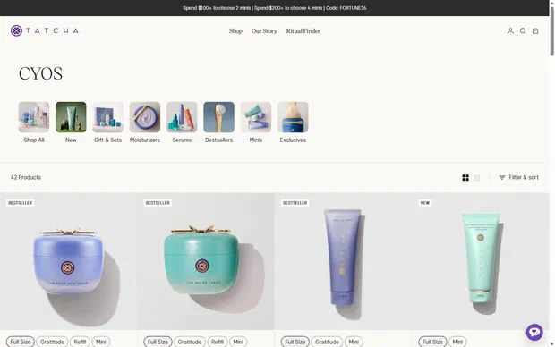 Tatcha collection: cyos on desktop, Shopify luxury beauty storefront captured at 1440 x 900