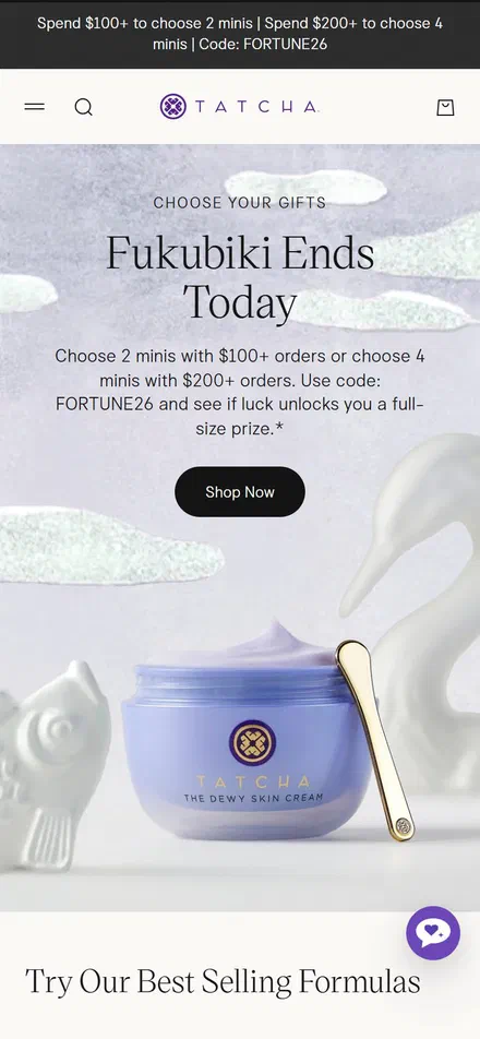Tatcha homepage on mobile, Shopify luxury beauty storefront captured at 390 x 844
